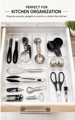 Clear Drawer Organizer Set (10 PCS) – Acrylic Storage Bins for Kitchen, Bathroom & Office – Stackable, Non-Slip, Multiple Sizes in Kuwait