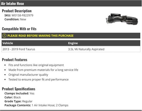 Marketplace Auto Parts - Air Intake Hose - with Clamps - Compatible with 2013-2019 Ford Taurus 3.5L V6 Naturally Aspirated in Kuwait