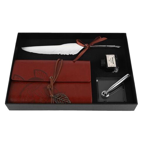 Quill Pen and Ink Set,Intage Calligraphy Feather Dip Pen Ink Leather Notebook Set,Including Feather Pen, Pen Nib Base, Notebook,Ink,Stationery Box for Him Men Dad (White) in Kuwait