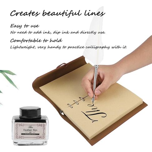 Quill Pen and Ink Set,Intage Calligraphy Feather Dip Pen Ink Leather Notebook Set,Including Feather Pen, Pen Nib Base, Notebook,Ink,Stationery Box for Him Men Dad (White) in Kuwait
