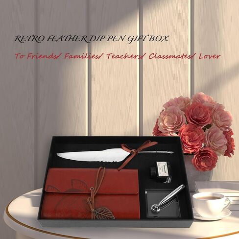 Quill Pen and Ink Set,Intage Calligraphy Feather Dip Pen Ink Leather Notebook Set,Including Feather Pen, Pen Nib Base, Notebook,Ink,Stationery Box for Him Men Dad (White) in Kuwait
