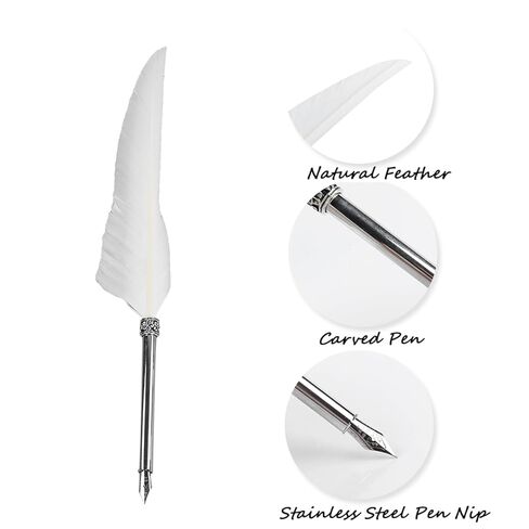 Quill Pen and Ink Set,Intage Calligraphy Feather Dip Pen Ink Leather Notebook Set,Including Feather Pen, Pen Nib Base, Notebook,Ink,Stationery Box for Him Men Dad (White) in Kuwait
