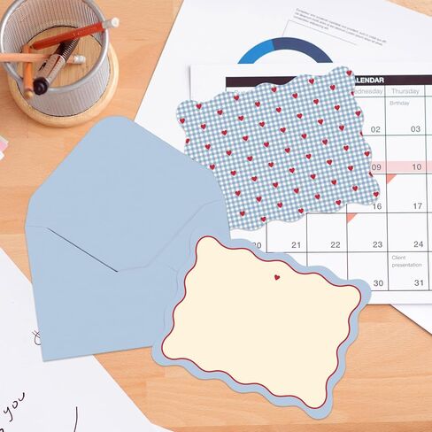Whaline 24Pcs Blue Plaid Flat Blank Notes with Envelopes Red Heart Index Cards Wavy Border Non Folding Double-Sided Note Cards for Baby Shower Birthday Wedding, 5.5 x 4.3 Inch in Kuwait