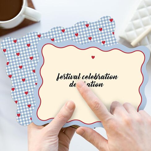 Whaline 24Pcs Blue Plaid Flat Blank Notes with Envelopes Red Heart Index Cards Wavy Border Non Folding Double-Sided Note Cards for Baby Shower Birthday Wedding, 5.5 x 4.3 Inch in Kuwait