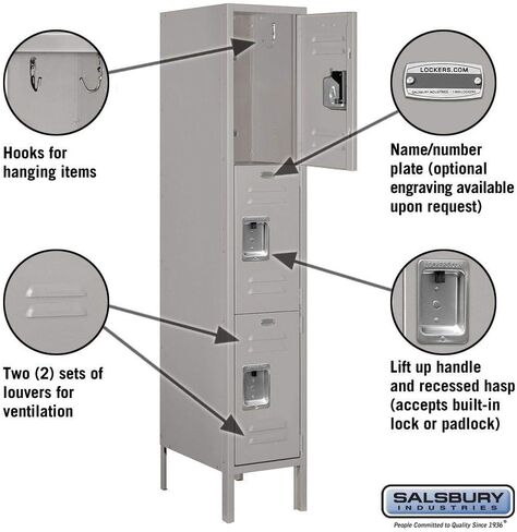 Salsbury Industries 63158GY-U ثلاثية الطبقة بعرض 12 بوصة وارتفاع 5 أقدام وخزانة معدنية قياسية غير مجمعة بعمق 18 بوصة، رمادية in Kuwait