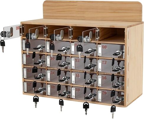 16.89 * 7.41 * 11.18in 20 Slots Cell Phone Locker Box Cell Phone Storage Cabinet Wood Cell Phone Storage Cabinet with Keys Wooden Color in Kuwait