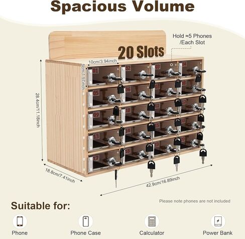 16.89 * 7.41 * 11.18in 20 Slots Cell Phone Locker Box Cell Phone Storage Cabinet Wood Cell Phone Storage Cabinet with Keys Wooden Color in Kuwait