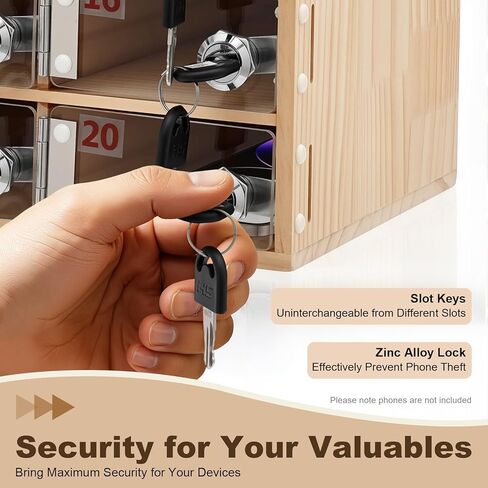 16.89 * 7.41 * 11.18in 20 Slots Cell Phone Locker Box Cell Phone Storage Cabinet Wood Cell Phone Storage Cabinet with Keys Wooden Color in Kuwait