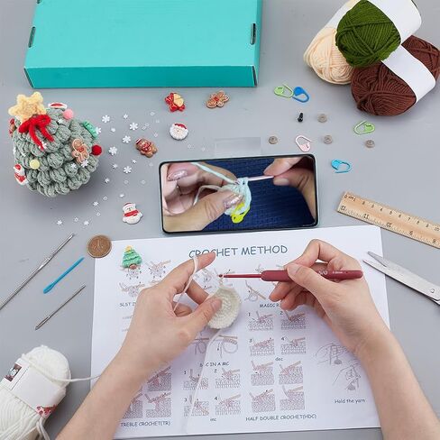 ACRNIGHEET Christmas Crochet Kit for Beginners, Xmas Tree Kits Learn to Crochet Kit with English Instructions and Step-by-Step Video Tutorials, DIY Knitting Kit, Xmas Decor, Christmas Gifts in Kuwait