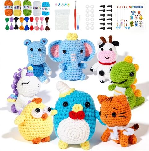 Elitevia 8Pcs Crochet Kit for Beginners, 2026 DIY Craft for Adults and Kids, Great Birthday Gift for Crochet Lovers, Crocheting Animal Kits with Step by Step Videos,Yarn,Crochet Hook in Kuwait