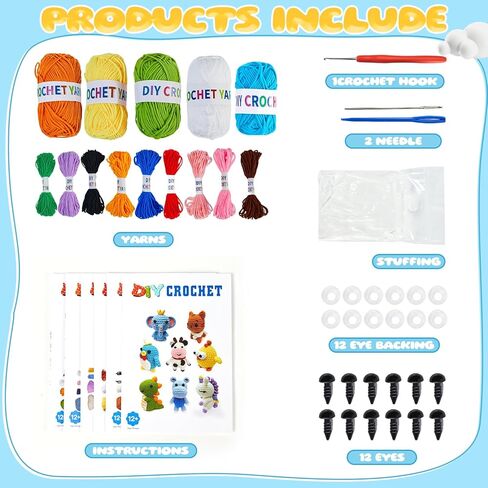 Elitevia 8Pcs Crochet Kit for Beginners, 2026 DIY Craft for Adults and Kids, Great Birthday Gift for Crochet Lovers, Crocheting Animal Kits with Step by Step Videos,Yarn,Crochet Hook in Kuwait