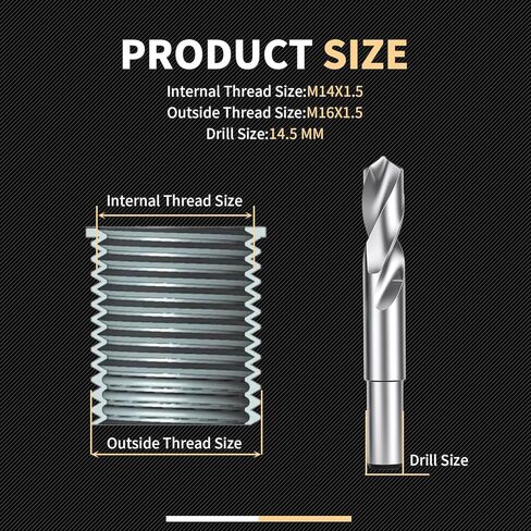 طقم إصلاح الخيوط M14x1.5x12.7MM مع مثقاب HSS، صنبور، فتحة مضادة، سائق التثبيت، متري، 10 قطع إدراج من الفولاذ المقاوم للصدأ M14x1.5x12.7MM in Kuwait