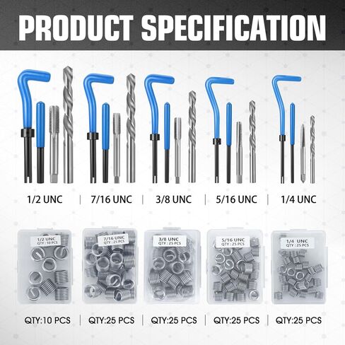 DNA MOTORING 261pcs Thread Repair Tool Kit, Metric SAE Heli Coil Thread Repair Kit HSS Drill Bits Inserts Taps, Rethreading Tools in 1/4" 5/16" 3/8" 7/16" 1/2" M5 M6 M8 M10 M12 Sizes, TOOLS-00716 in Kuwait