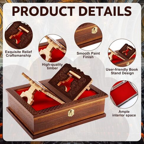 Yalikop Wooden Rehal Box Beautifully Holy Book Stand Box Quran Bible Holder Foldable Ramayan Stand Religious Rehal Display Decor for Geeta GURU Granth Sahib Prayer Holy First Communion in Kuwait