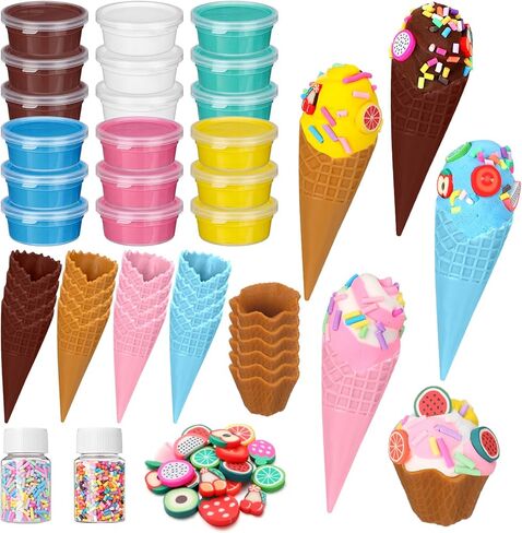 Shappy 51 Pcs Air Dry Clay Kit Ice Cream DIY Craft Kit 24 Cones 24 Air Dry Clay Packs 3 Decorative Sets Sweet Magic Modeling Crafts for Summer DIY Party Gift Indoor Outdoor Holiday Decoration in Kuwait