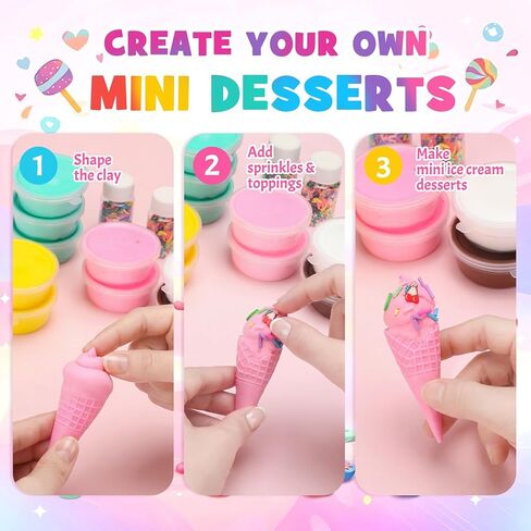 Shappy 51 Pcs Air Dry Clay Kit Ice Cream DIY Craft Kit 24 Cones 24 Air Dry Clay Packs 3 Decorative Sets Sweet Magic Modeling Crafts for Summer DIY Party Gift Indoor Outdoor Holiday Decoration in Kuwait