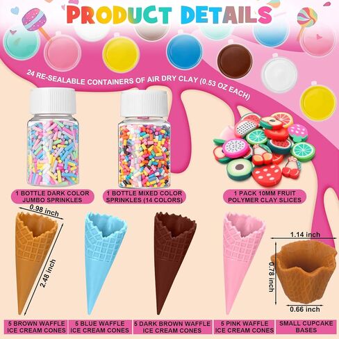 Shappy 51 Pcs Air Dry Clay Kit Ice Cream DIY Craft Kit 24 Cones 24 Air Dry Clay Packs 3 Decorative Sets Sweet Magic Modeling Crafts for Summer DIY Party Gift Indoor Outdoor Holiday Decoration in Kuwait