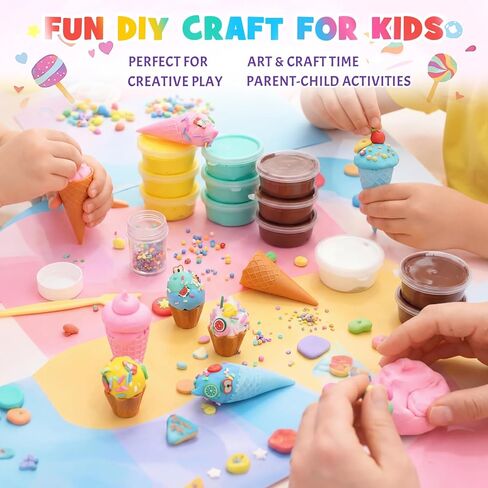 Shappy 51 Pcs Air Dry Clay Kit Ice Cream DIY Craft Kit 24 Cones 24 Air Dry Clay Packs 3 Decorative Sets Sweet Magic Modeling Crafts for Summer DIY Party Gift Indoor Outdoor Holiday Decoration in Kuwait