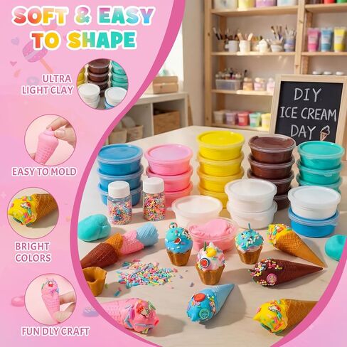 Shappy 51 Pcs Air Dry Clay Kit Ice Cream DIY Craft Kit 24 Cones 24 Air Dry Clay Packs 3 Decorative Sets Sweet Magic Modeling Crafts for Summer DIY Party Gift Indoor Outdoor Holiday Decoration in Kuwait