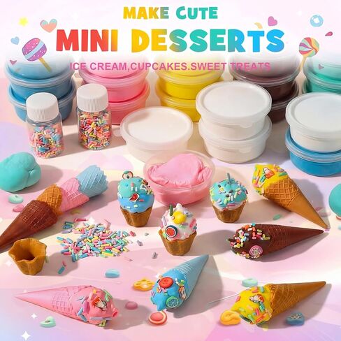 Shappy 51 Pcs Air Dry Clay Kit Ice Cream DIY Craft Kit 24 Cones 24 Air Dry Clay Packs 3 Decorative Sets Sweet Magic Modeling Crafts for Summer DIY Party Gift Indoor Outdoor Holiday Decoration in Kuwait