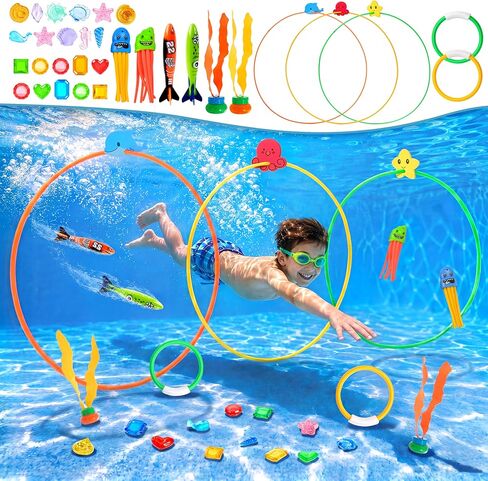SYNCFUN Pool Toys Diving Rings,32PCS Swim Rings Pool Game Set Toys with Dive Ring Gem Seaweed Underwater Shark Jellyfish Water Swimming Toy for Kids Teens Adults Boys Girls in Kuwait