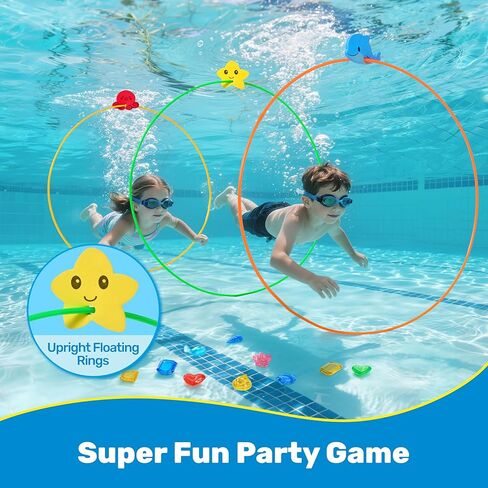 SYNCFUN Pool Toys Diving Rings,32PCS Swim Rings Pool Game Set Toys with Dive Ring Gem Seaweed Underwater Shark Jellyfish Water Swimming Toy for Kids Teens Adults Boys Girls in Kuwait