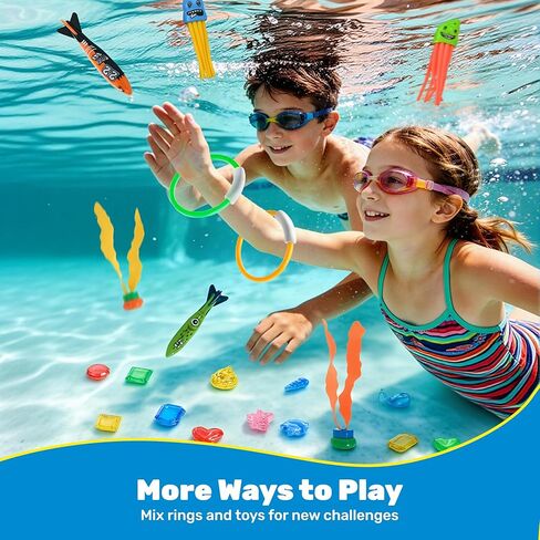 SYNCFUN Pool Toys Diving Rings,32PCS Swim Rings Pool Game Set Toys with Dive Ring Gem Seaweed Underwater Shark Jellyfish Water Swimming Toy for Kids Teens Adults Boys Girls in Kuwait