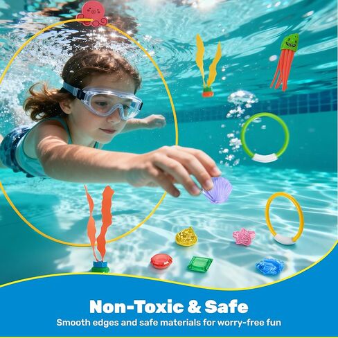 SYNCFUN Pool Toys Diving Rings,32PCS Swim Rings Pool Game Set Toys with Dive Ring Gem Seaweed Underwater Shark Jellyfish Water Swimming Toy for Kids Teens Adults Boys Girls in Kuwait
