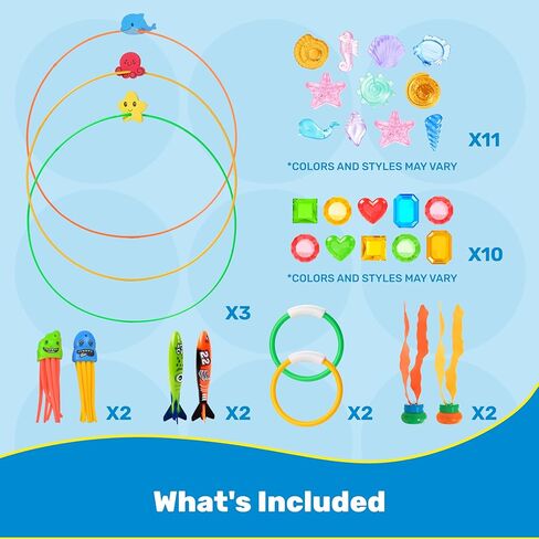 SYNCFUN Pool Toys Diving Rings,32PCS Swim Rings Pool Game Set Toys with Dive Ring Gem Seaweed Underwater Shark Jellyfish Water Swimming Toy for Kids Teens Adults Boys Girls in Kuwait