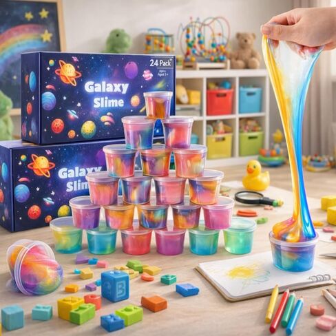 24 Pack Clear Slime Kit and Galaxy Slime for Kids,Slime Party Favors,Unicorn Slime Kit for Girls,Slime Bulk for Birthday Gifts,Non-Sticky and Safe,Super Soft Stress Relief Toy for Girls & Boys in Kuwait