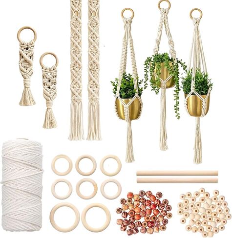 111PCS Macrame Plant Hanger DIY Knitting Kit – 109Yd 3mm Cotton Cord, 8PCS Wood Rings 100PCS Beads 2PCS Sticks, Craft Set Ideal for Macrame Starter Kit in Kuwait