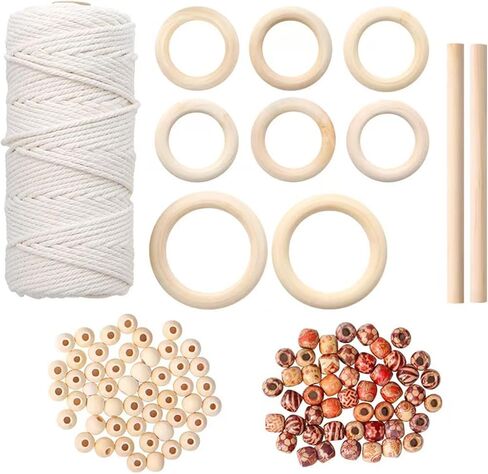 111PCS Macrame Plant Hanger DIY Knitting Kit – 109Yd 3mm Cotton Cord, 8PCS Wood Rings 100PCS Beads 2PCS Sticks, Craft Set Ideal for Macrame Starter Kit in Kuwait