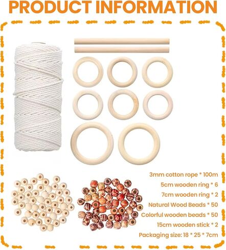 111PCS Macrame Plant Hanger DIY Knitting Kit – 109Yd 3mm Cotton Cord, 8PCS Wood Rings 100PCS Beads 2PCS Sticks, Craft Set Ideal for Macrame Starter Kit in Kuwait