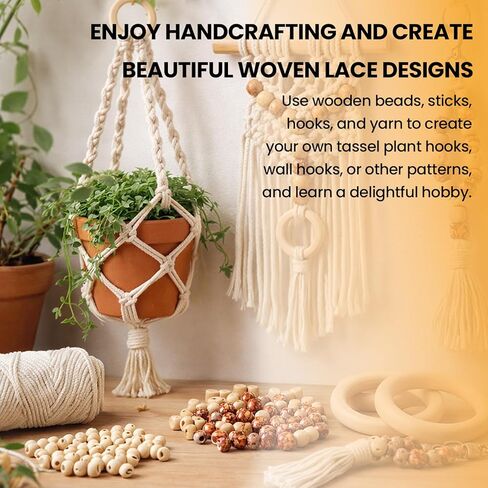 111PCS Macrame Plant Hanger DIY Knitting Kit – 109Yd 3mm Cotton Cord, 8PCS Wood Rings 100PCS Beads 2PCS Sticks, Craft Set Ideal for Macrame Starter Kit in Kuwait