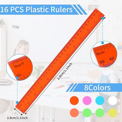 Assorted Color Clear Rulers - 16pcs with Inch & Centimeter Measuring Plastic Transparent Metric Reglas Small Measuring Ruler for School Classroom Home Office Supplies for Children in Kuwait