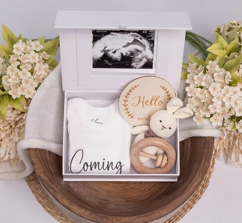 Pregnancy Announcement Onesie – Includes Crochet Bunny, Wood Rattle, sign & Box | Coming Soon Baby outfit for Grandma, husband and Family, Baby Reveal Set 2027 in Kuwait
