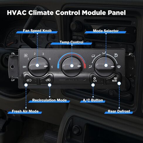 599-218 وحدة التحكم في المناخ الأمامي HVAC سخان A/C مفتاح التحكم متوافق مع شيفروليه سيلفرادو سوبربان أفالانش 1999-2002 وجي إم سي سييرا يوكون 1500 2500 3500 HD، يستبدل 15054697 19244873 in Kuwait