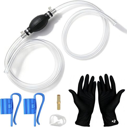 Fuel Transfer Pump, Gas Siphon Pump for Gasoline, Manual Hand Gasoline Transfer Pump for Fuel, Oil, Diesel, Water, Fluid with 10 Ft PVC Siphon Hose, Brass, Metal Buckles, Pinch Clips and Gloves（7mm） in Kuwait