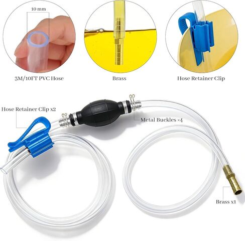 Fuel Transfer Pump, Gas Siphon Pump for Gasoline, Manual Hand Gasoline Transfer Pump for Fuel, Oil, Diesel, Water, Fluid with 10 Ft PVC Siphon Hose, Brass, Metal Buckles, Pinch Clips and Gloves（7mm） in Kuwait