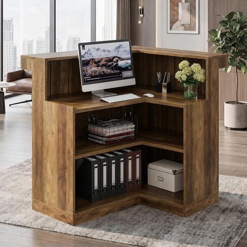 Tribesigns Reception Desk with Counter, 51" Wooden Front Desk with Storage, L Shaped Retail Counter Cashier Table Hostess Stand for Checkout, Barber, Beauty Salon, Cafe, Restaurant,Home Office in Kuwait