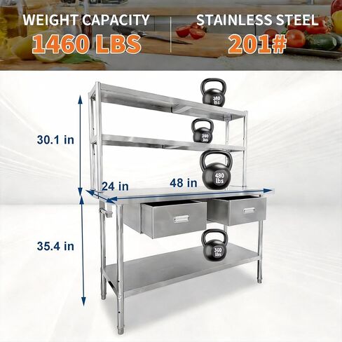 Stainless Steel Table with Overshelves and Drawers, 48" X 24" Heavy Duty Commercial Work & Prep Table with Adjustable Undershelf, Work Tables Workbench for Home Restaurant Kitchen Garage in Kuwait