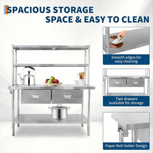 Stainless Steel Table with Overshelves and Drawers, 48" X 24" Heavy Duty Commercial Work & Prep Table with Adjustable Undershelf, Work Tables Workbench for Home Restaurant Kitchen Garage in Kuwait