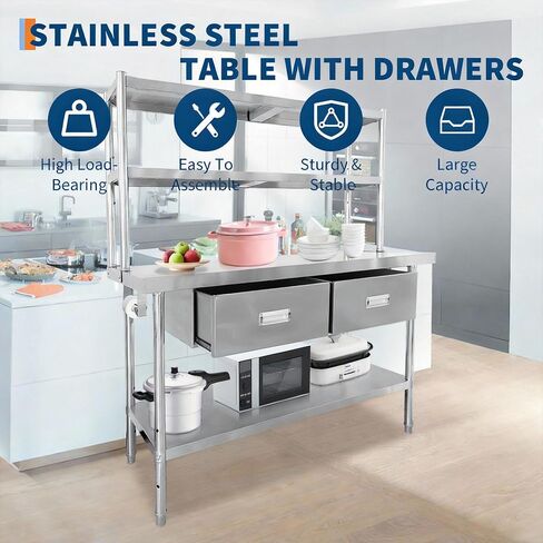 Stainless Steel Table with Overshelves and Drawers, 48" X 24" Heavy Duty Commercial Work & Prep Table with Adjustable Undershelf, Work Tables Workbench for Home Restaurant Kitchen Garage in Kuwait