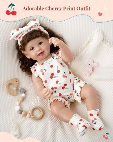 BABESIDE 3 Pcs Reborn Baby Doll Clothes Accessories Cherry Pattern for 17- 22 Inch Baby Doll Clothes Outfits with Romper, Headband & Socks in Kuwait
