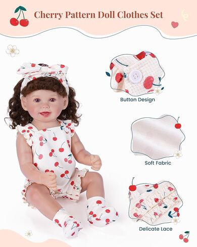 BABESIDE 3 Pcs Reborn Baby Doll Clothes Accessories Cherry Pattern for 17- 22 Inch Baby Doll Clothes Outfits with Romper, Headband & Socks in Kuwait