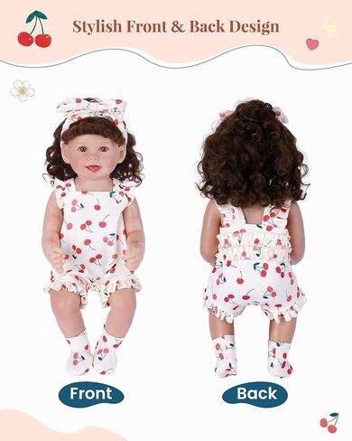BABESIDE 3 Pcs Reborn Baby Doll Clothes Accessories Cherry Pattern for 17- 22 Inch Baby Doll Clothes Outfits with Romper, Headband & Socks in Kuwait