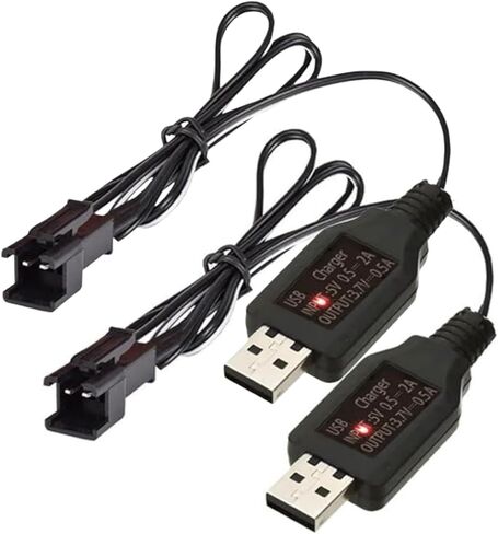 2 حزمة كابل شاحن بطارية ليثيوم 3.7 فولت، كابل شاحن USB 3.7 فولت مع قابس SM-2P لبطارية السيارة RC، سيارات RC الصغيرة، القوارب، الشاحنات، الألعاب in Kuwait