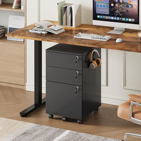 DEVAISE 3 Drawer Mobile File Cabinet with Individual Locks, Wood Filing Cabinet for Office, Under Desk Printer Stand with Wheels, Fits Letter/A4/Legal Size, Black in Kuwait
