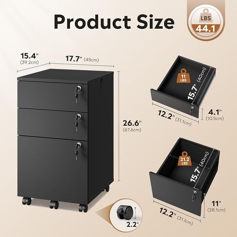 DEVAISE 3 Drawer Mobile File Cabinet with Individual Locks, Wood Filing Cabinet for Office, Under Desk Printer Stand with Wheels, Fits Letter/A4/Legal Size, Black in Kuwait