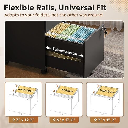 DEVAISE 3 Drawer Mobile File Cabinet with Individual Locks, Wood Filing Cabinet for Office, Under Desk Printer Stand with Wheels, Fits Letter/A4/Legal Size, Black in Kuwait